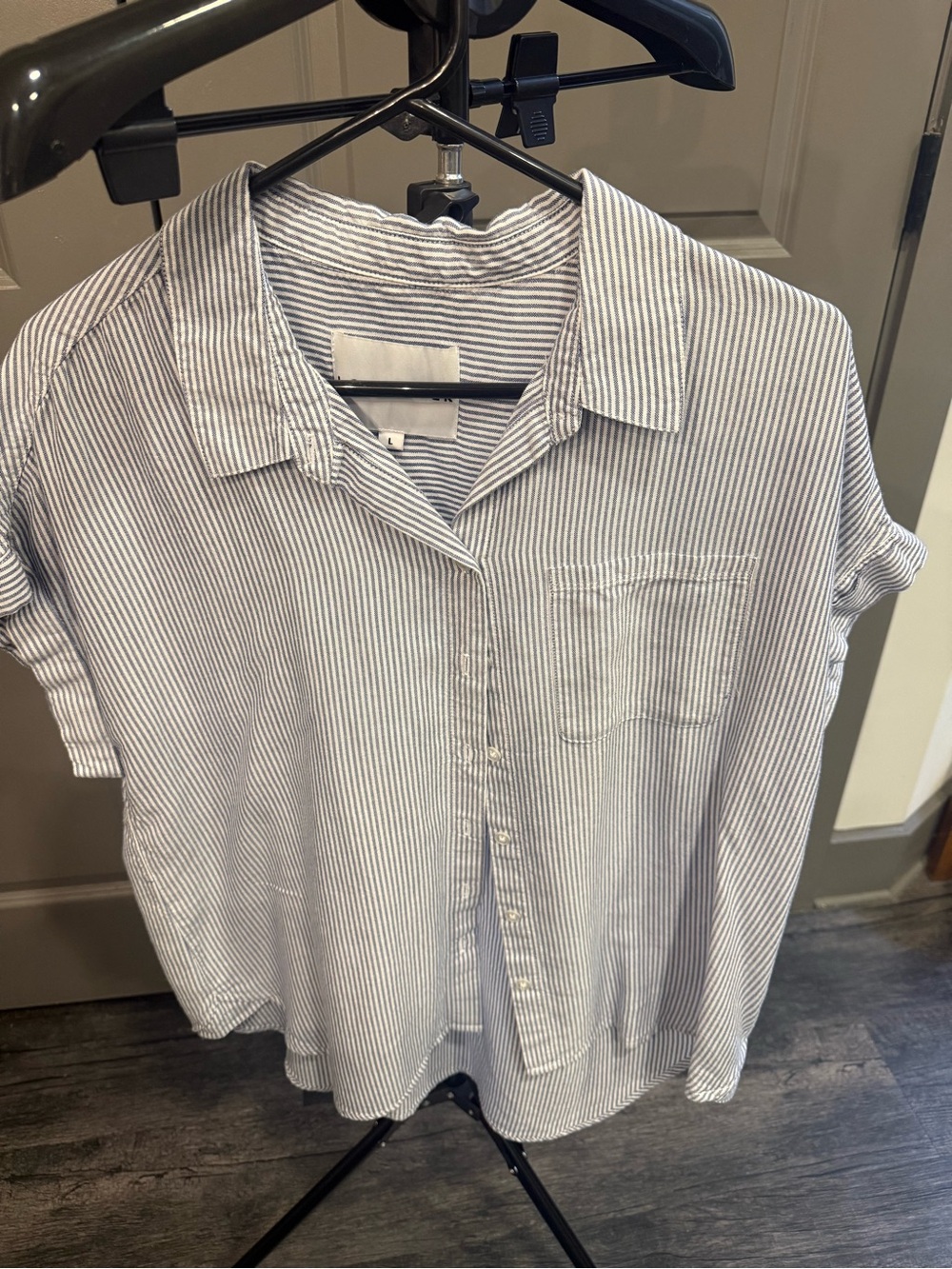 Relaxed Striped Button-Down Shirt in White and Navy